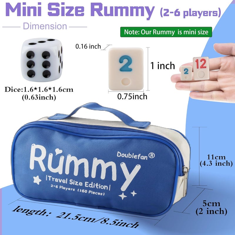 Doublefan Mini Rummy Cube Game, Mini Size Rummy Set with Portable Canvas Bag, Small Travel Board Game for Adult and Kids,160 Tiles, 6 Playing Rack, 1 Dice (2-6 Players) - Image 3